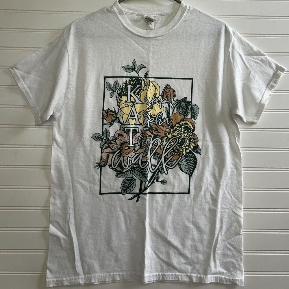Gildan Kappa Alpha Theta Sorority T-Shirt Floral Graphic White Tee Size M